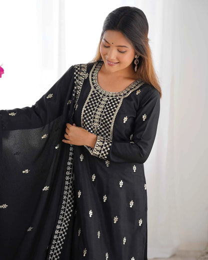 Black Chinon Silk Salwar Suit With Sequins Zari Embroidery Work with Dupatta
