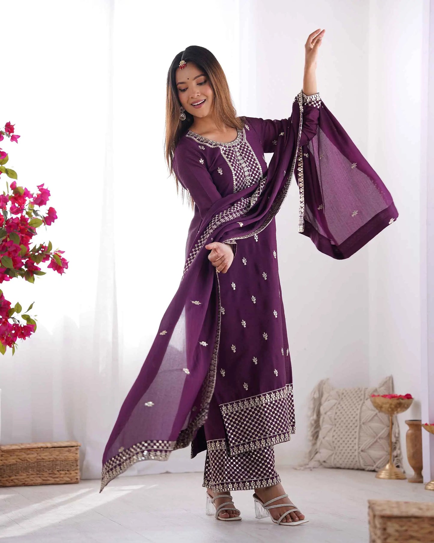 Wine Chinon Silk Salwar Suit With Sequins Zari Embroidery Work with Heavy Dupatta