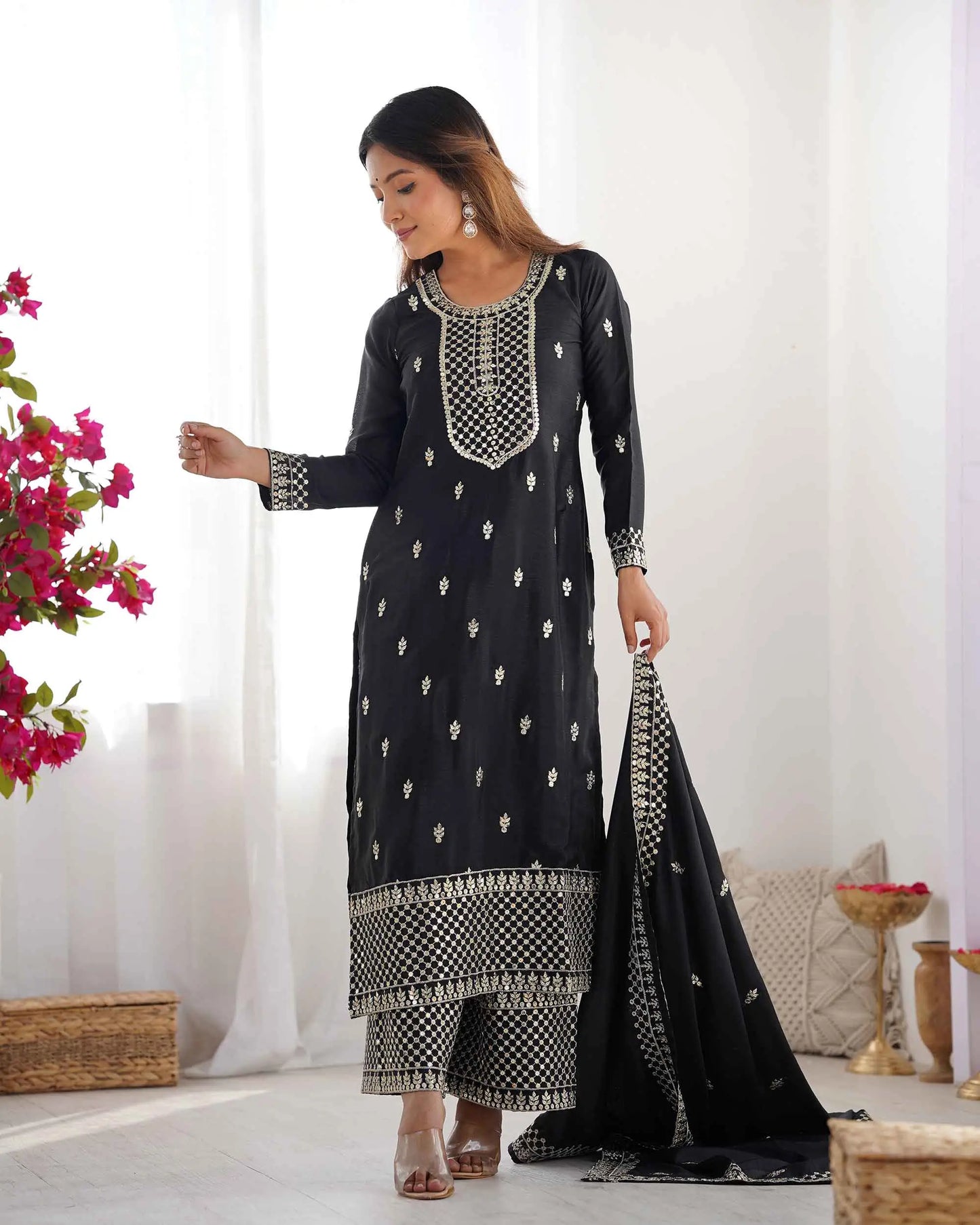 Black Chinon Silk Salwar Suit With Sequins Zari Embroidery Work with Dupatta