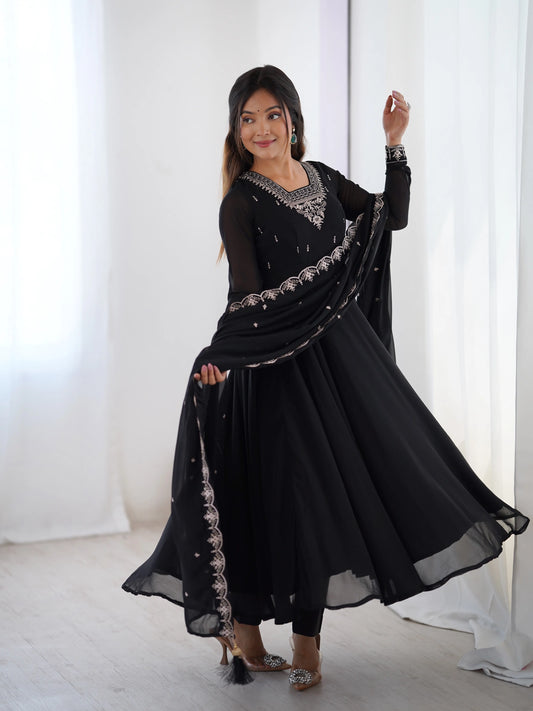 Beautiful Black Designer Embroidery Beads And Zari Work Gown With Dupatta