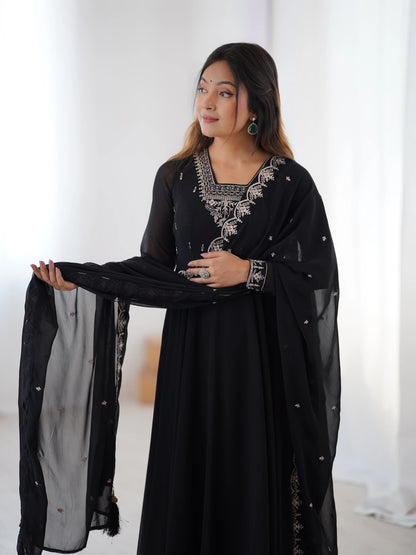 Beautiful Black Designer Embroidery Beads And Zari Work Gown With Dupatta