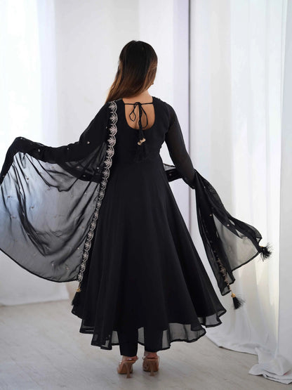 Beautiful Black Designer Embroidery Beads And Zari Work Gown With Dupatta