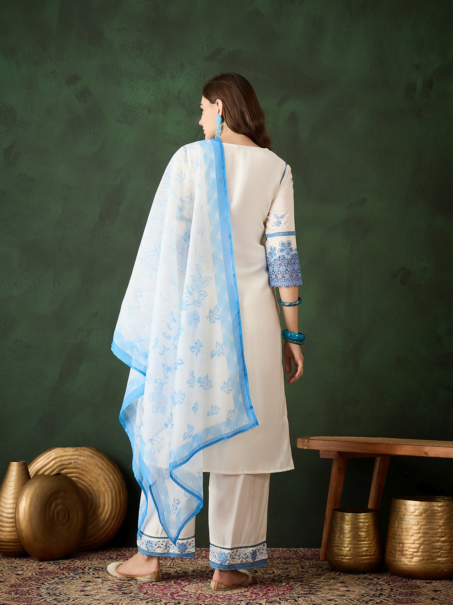 Blue & White Silk Kurta set - Guldori