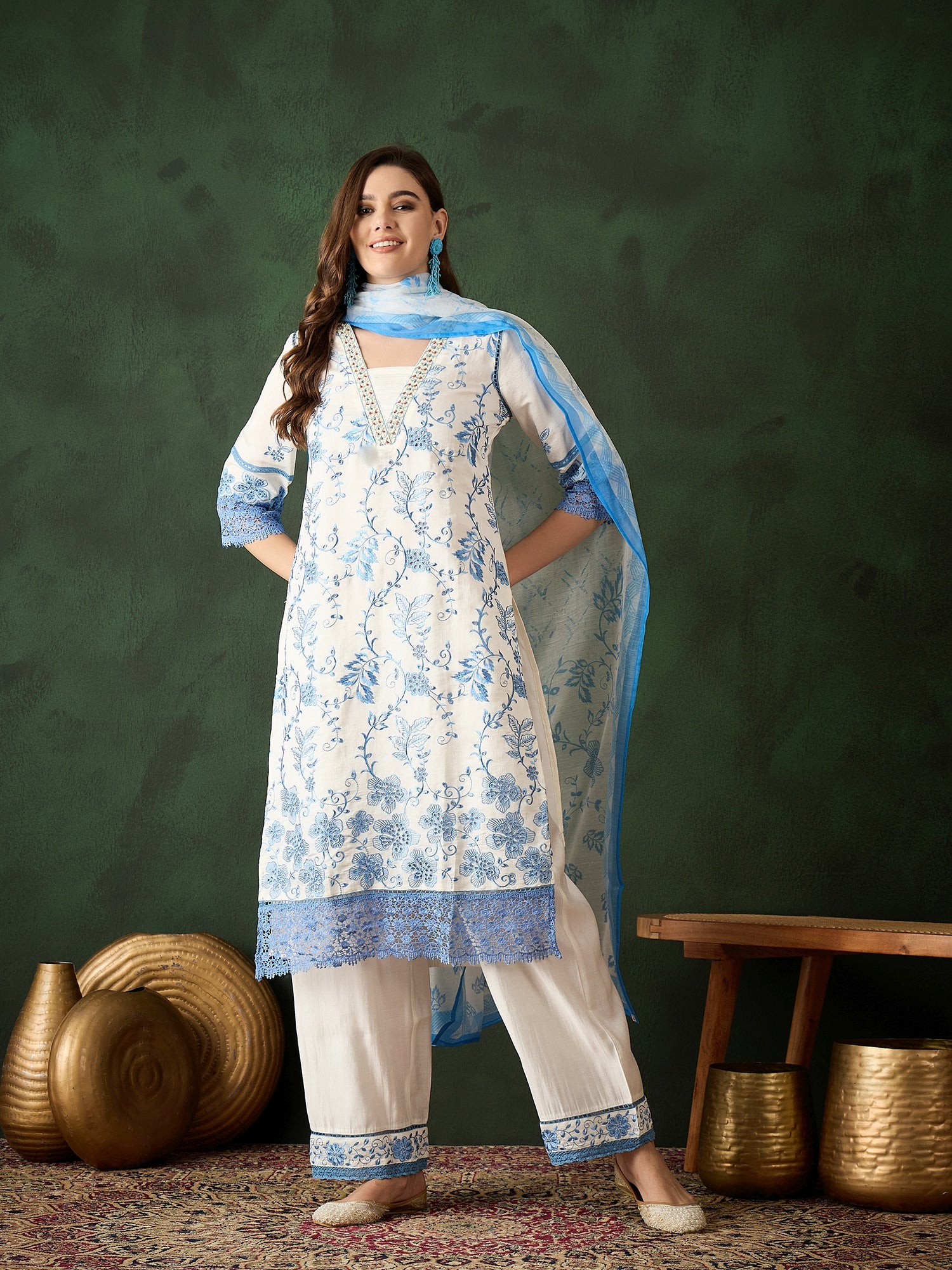 Blue & White Silk Kurta set - Guldori