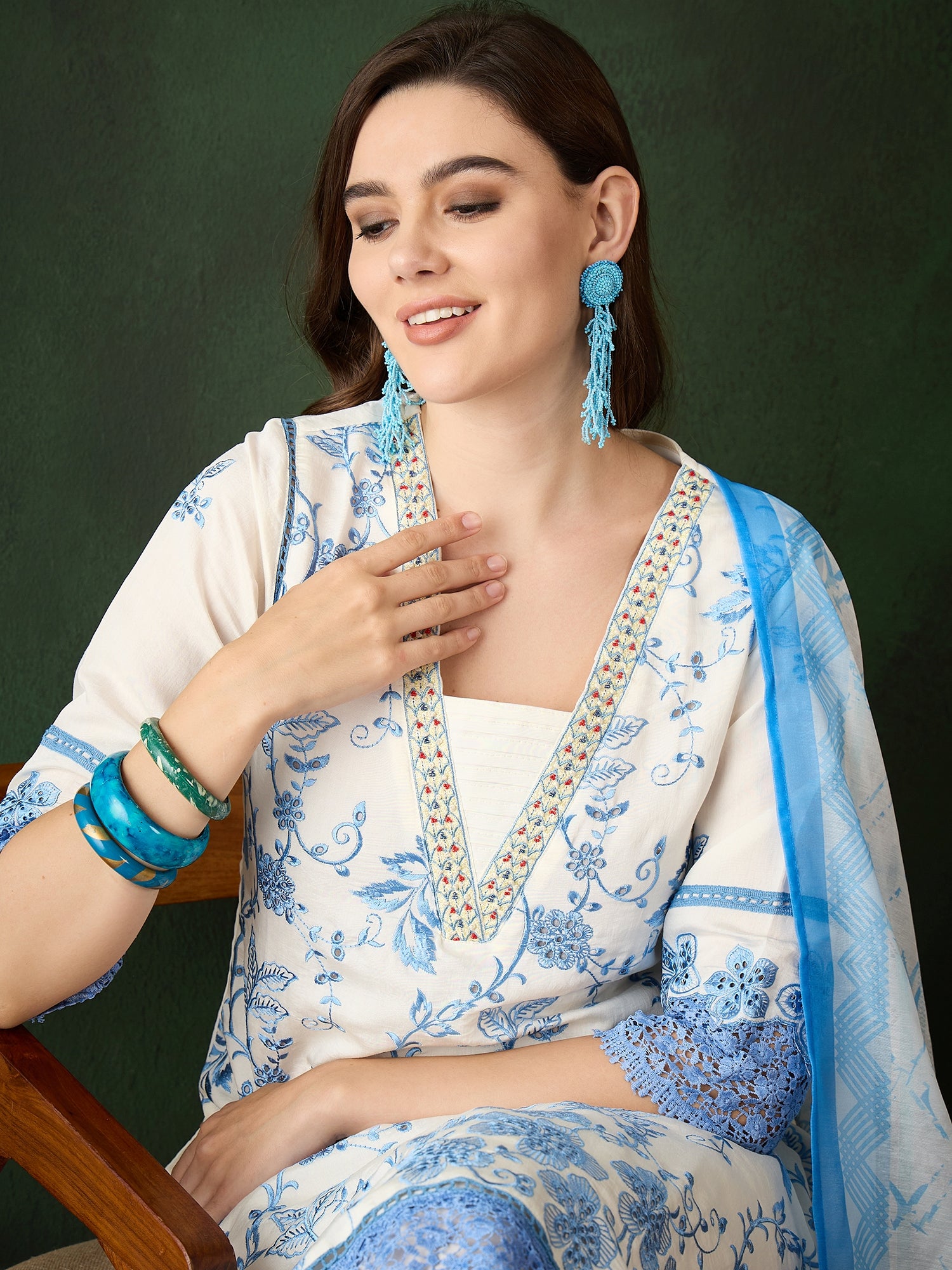 Blue & White Silk Kurta set - Guldori