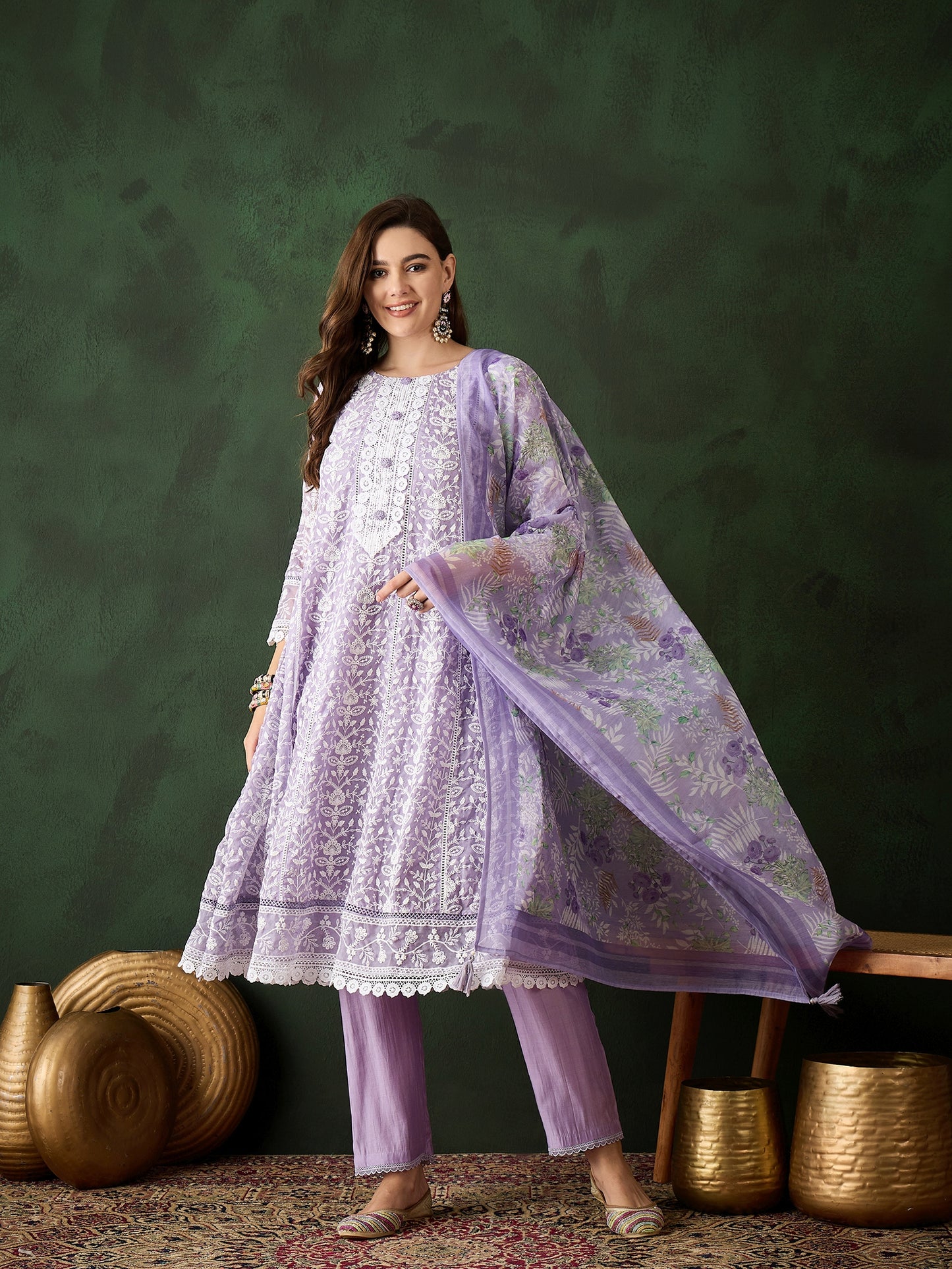 Purple & White Silk Kurta set - Guldori