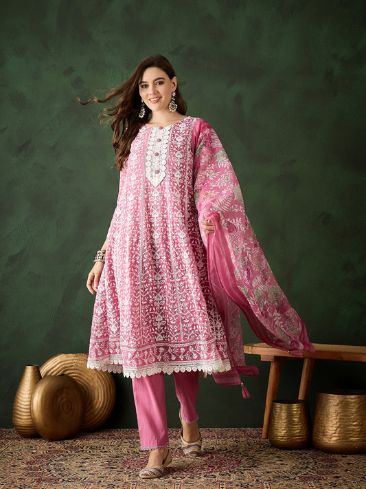 Pink & White Cotton Kurta Set - Guldori