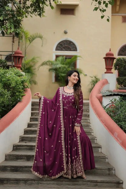 Wine Chinon Rich Sequins Embroidery Work Side Cut Gown With Dupatta And Sharara