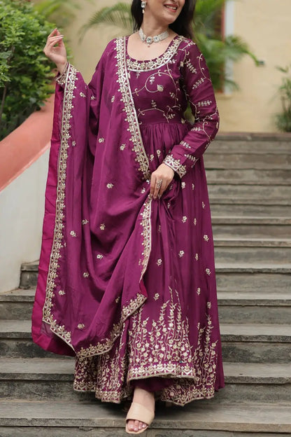 Wine Chinon Rich Sequins Embroidery Work Side Cut Gown With Dupatta And Sharara