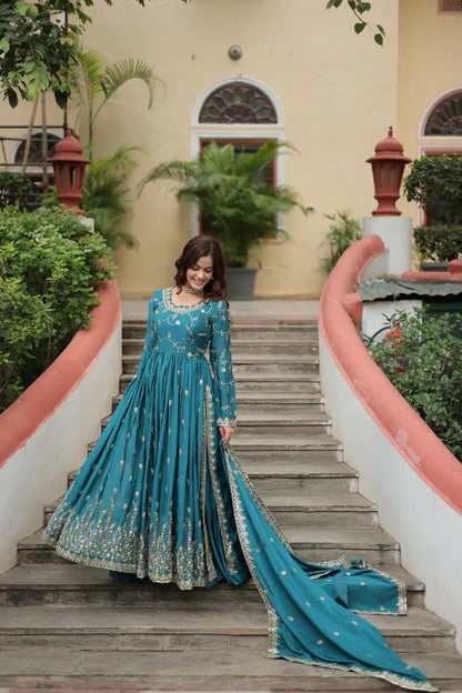 Rama Chinon Rich Sequins Embroidery Work Side Cut Gown With Dupatta And Sharara