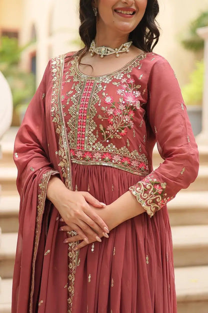 Rose Vale Georgette Embroidery Work Side Cut Gown With Dupatta And Sharara
