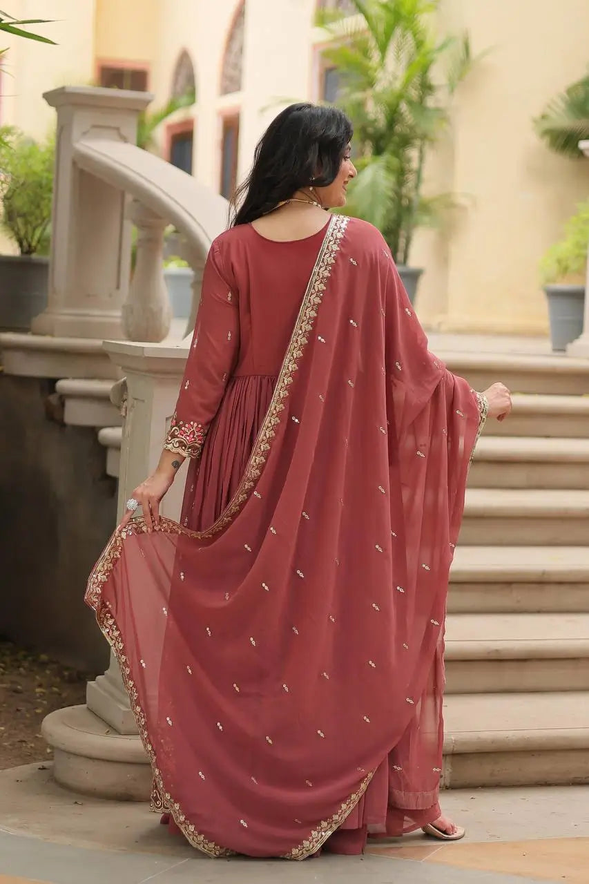 Rose Vale Georgette Embroidery Work Side Cut Gown With Dupatta And Sharara