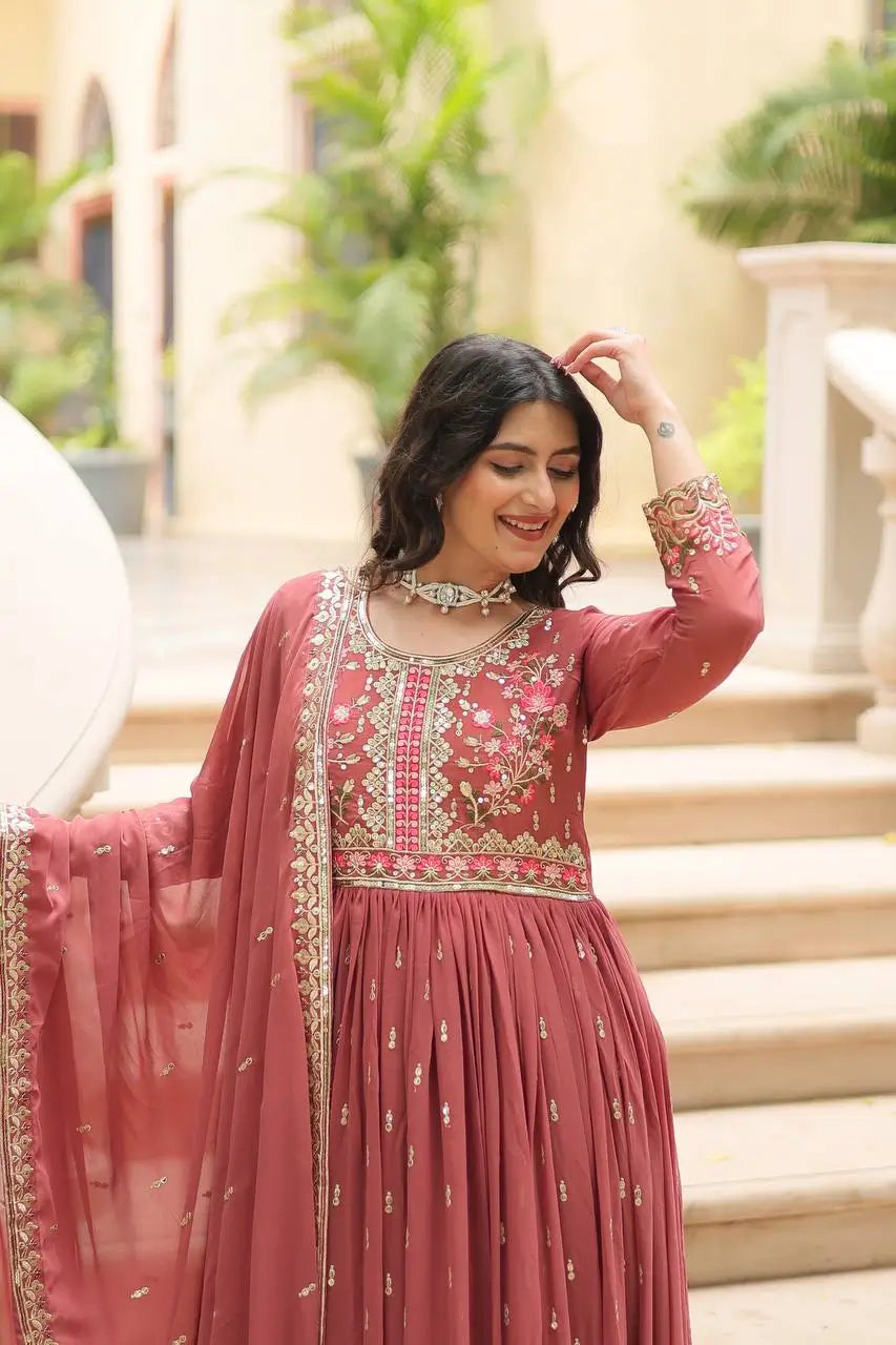 Rose Vale Georgette Embroidery Work Side Cut Gown With Dupatta And Sharara