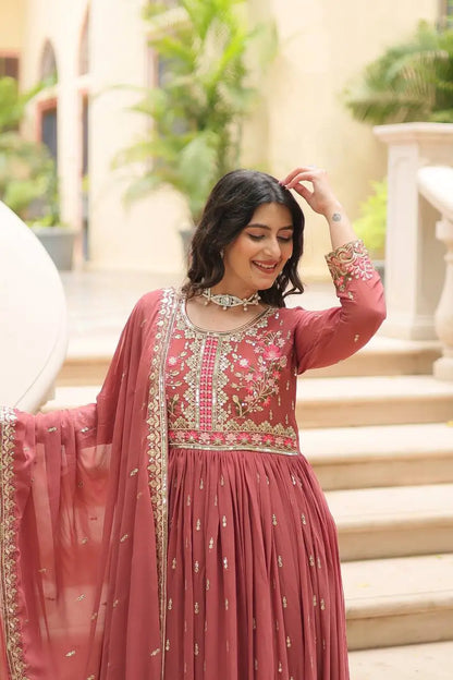 Rose Vale Georgette Embroidery Work Side Cut Gown With Dupatta And Sharara