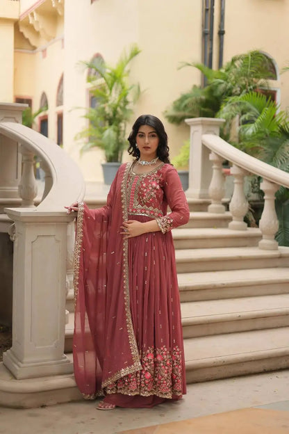 Rose Vale Georgette Embroidery Work Side Cut Gown With Dupatta And Sharara