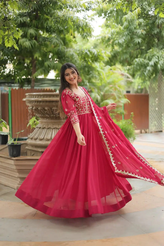 Pink Rich Sequins Embroidery Work Gown With Dupatta