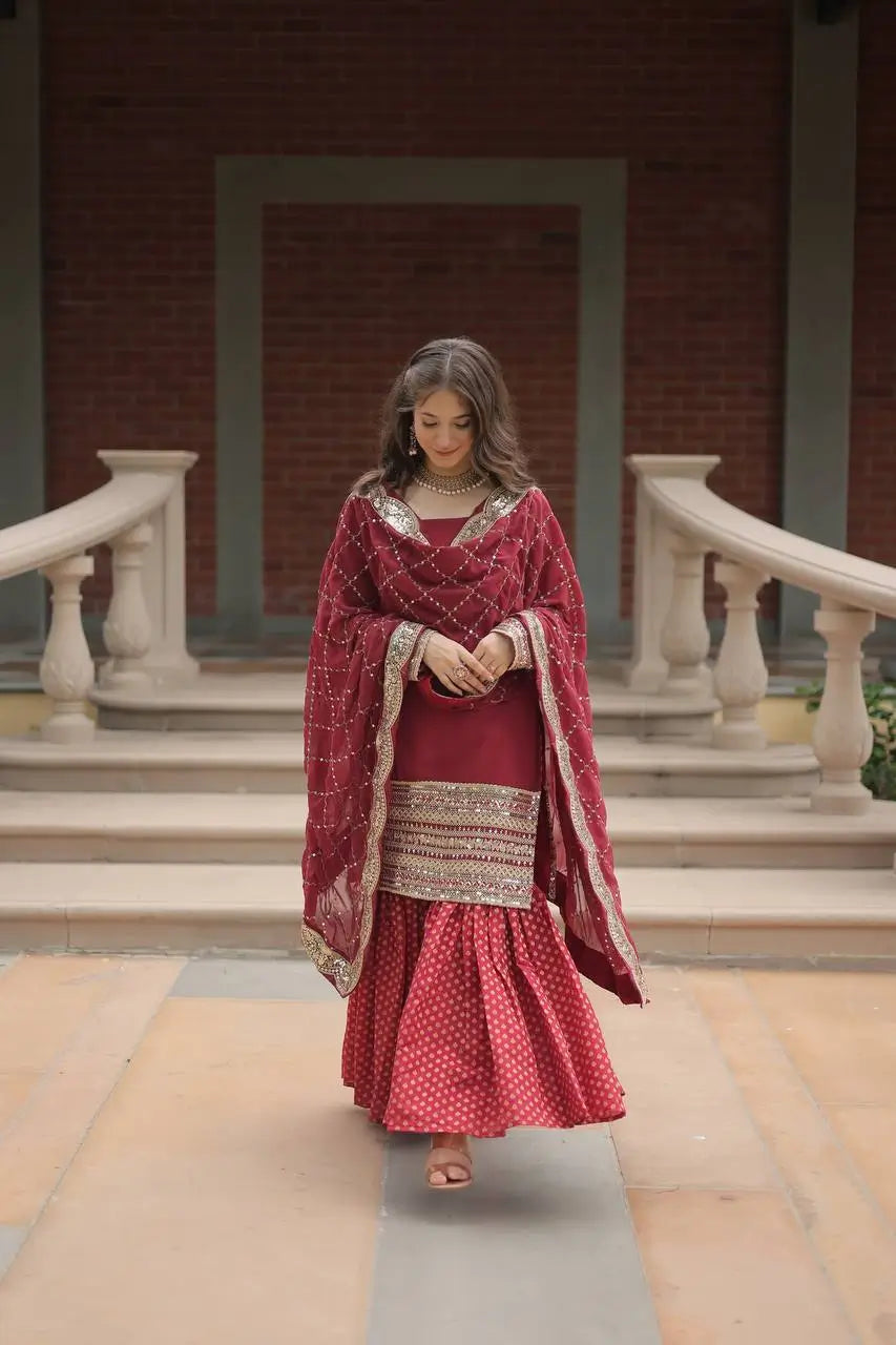 Maroon Georgette Thread Sequins Embroidery Work Sharara Suit With Dupatta
