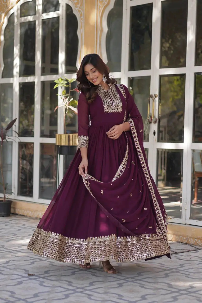 New Wine Georgette Rich Sequins Embroidery Work Gown With Dupatta