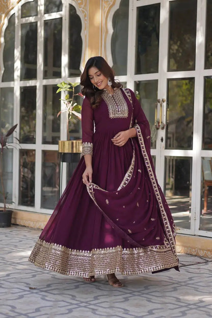New Wine Georgette Rich Sequins Embroidery Work Gown With Dupatta