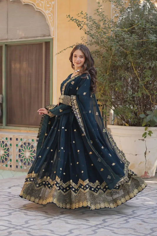 Dark Cyan Blue Zari Sequins Embroidery Work Georgette Gown With Dupatta