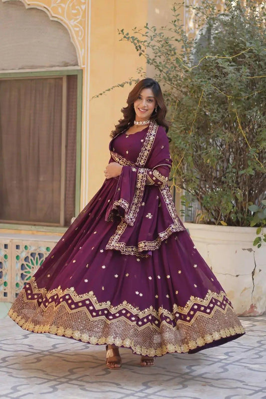 Old Mauve Zari Sequins Embroidery Work Georgette Gown With Dupatta