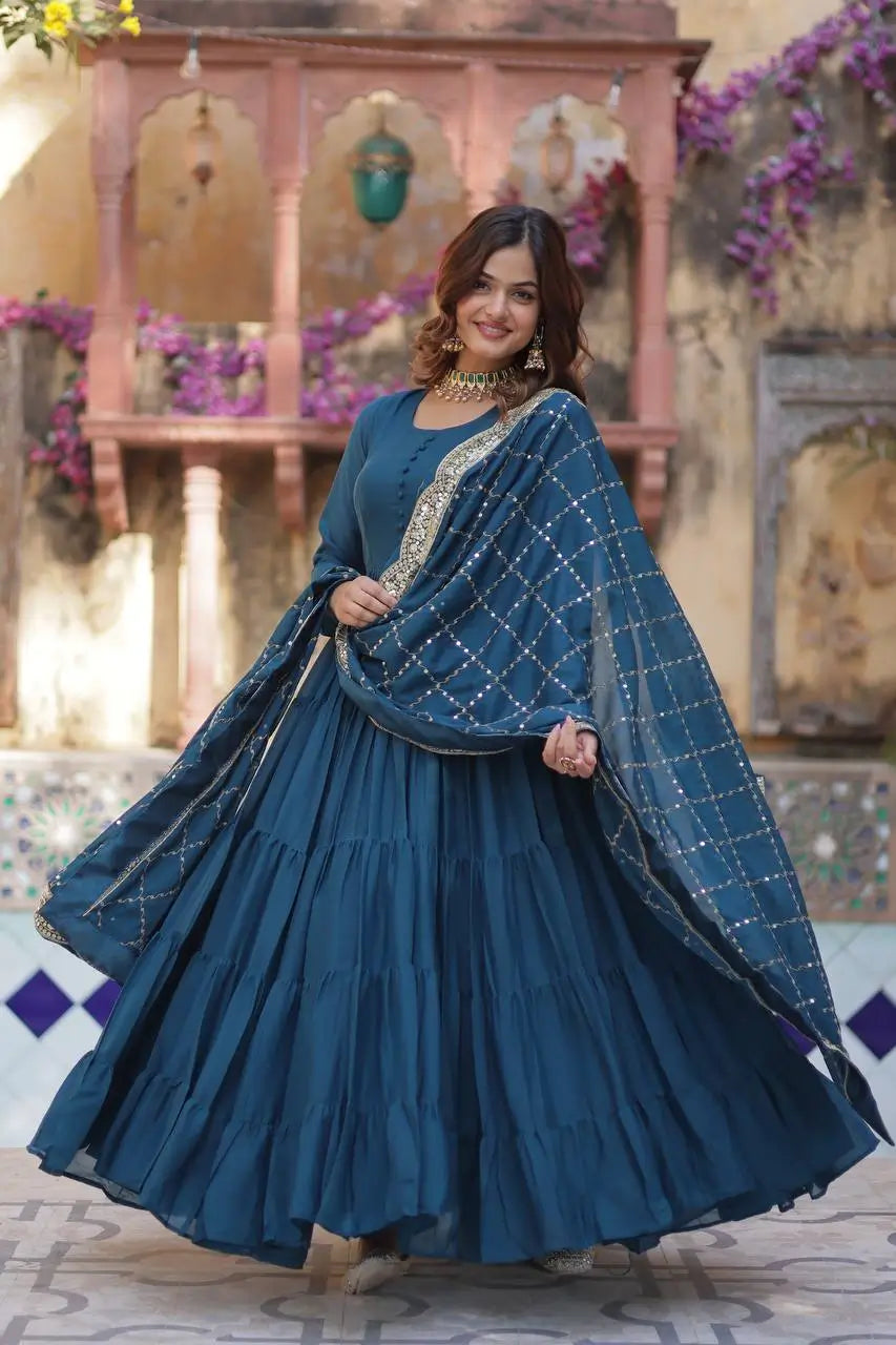 Cyan Blue Georgette Fully Flair Gown With Embroidery Work Dupatta