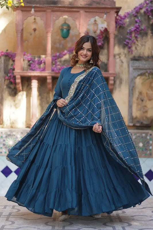 Cyan Blue Georgette Fully Flair Gown With Embroidery Work Dupatta