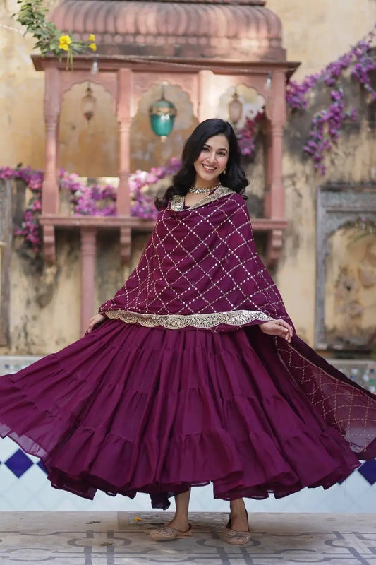 Wine Berry Georgette Fully Flair Gown With Embroidery Work Dupatta