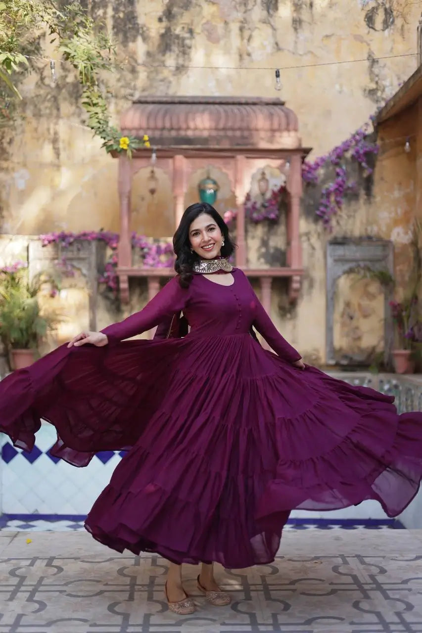 Wine Berry Georgette Fully Flair Gown With Embroidery Work Dupatta