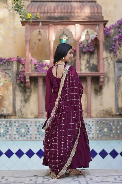 Wine Berry Georgette Fully Flair Gown With Embroidery Work Dupatta