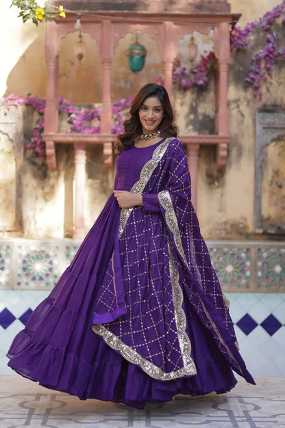Dark Purple Haze Georgette Fully Flair Gown With Embroidery Work Dupatta