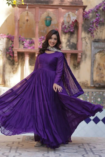 Dark Purple Haze Georgette Fully Flair Gown With Embroidery Work Dupatta