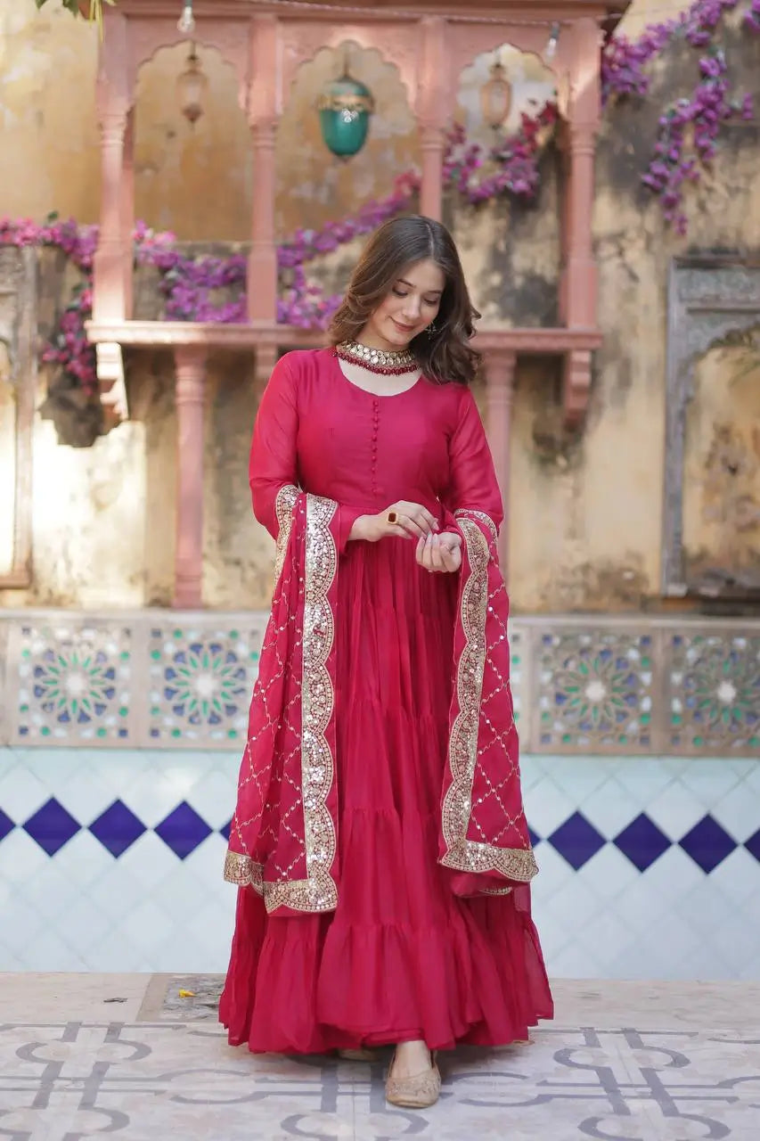 Light Red Georgette Fully Flair Gown With Embroidery Work Dupatta