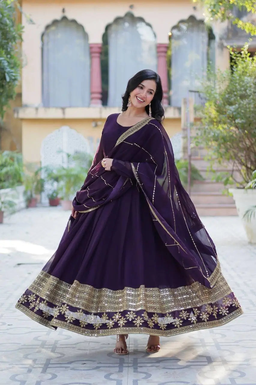 Deep Wine Georgette Gown With Multi Sequins Embroidery Work With Dupatta