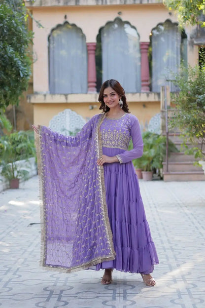 Light Purple Georgette Fully Flair Gown With Embroidery Work And Heavy Dupatta