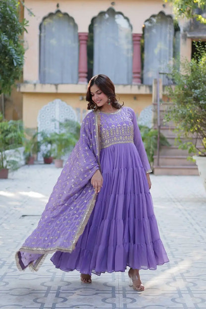 Light Purple Georgette Fully Flair Gown With Embroidery Work And Heavy Dupatta