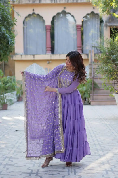 Light Purple Georgette Fully Flair Gown With Embroidery Work And Heavy Dupatta