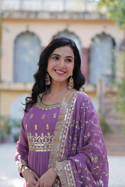 Dark Lavender Georgette Fully Flair Gown With Embroidery Work With Heavy Dupatta