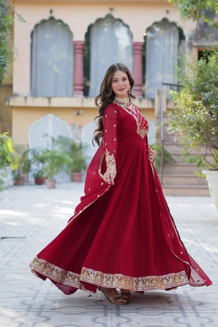 Maroon Georgette Gown With Rich Sequins Embroidered Work With Dupatta