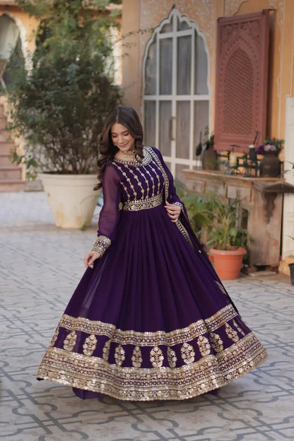 Dark Wine Zari Sequins Embroidery Work Gown And Dupatta