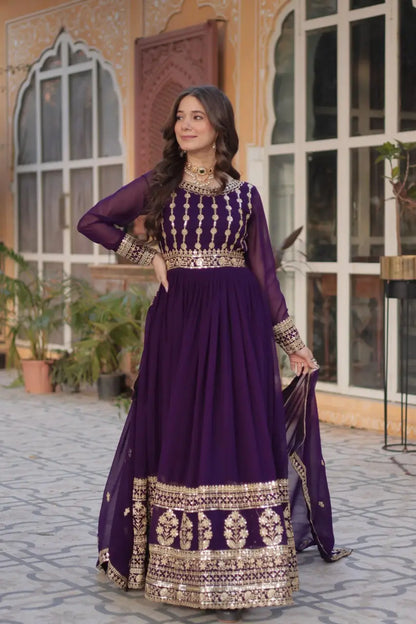 Dark Wine Zari Sequins Embroidery Work Gown And Dupatta