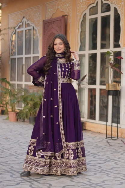Dark Wine Zari Sequins Embroidery Work Gown And Dupatta