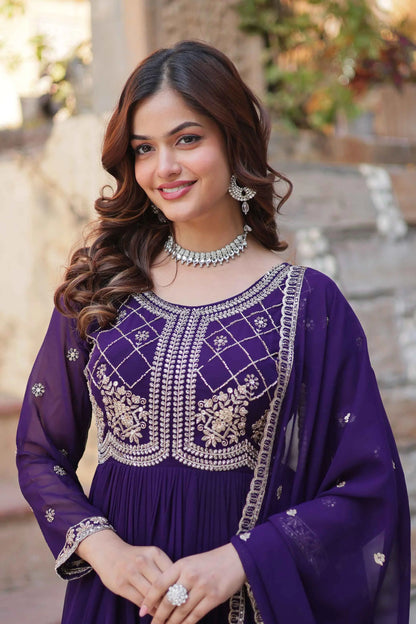 Purple Beads And Sequins Embroidery Work Gown With Dupatta