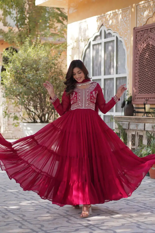 Red Devil Georgette Attractive Embroidery Pearl Work Gown With Dupatta