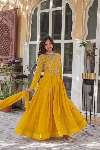 Yellow Ochre Attractive Sequins Embroidery Work Gown And Dupatta