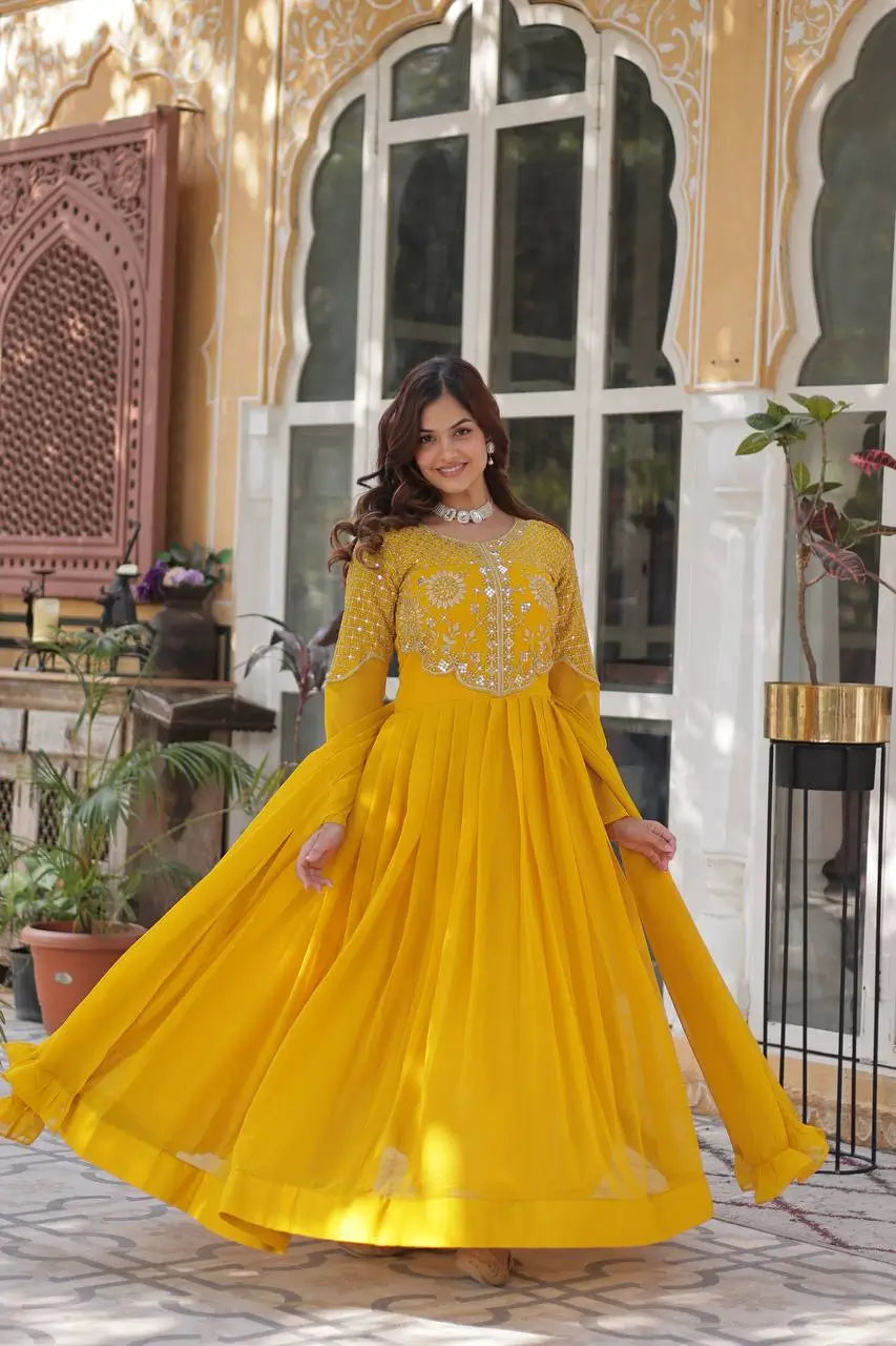 Yellow Ochre Attractive Sequins Embroidery Work Gown And Dupatta