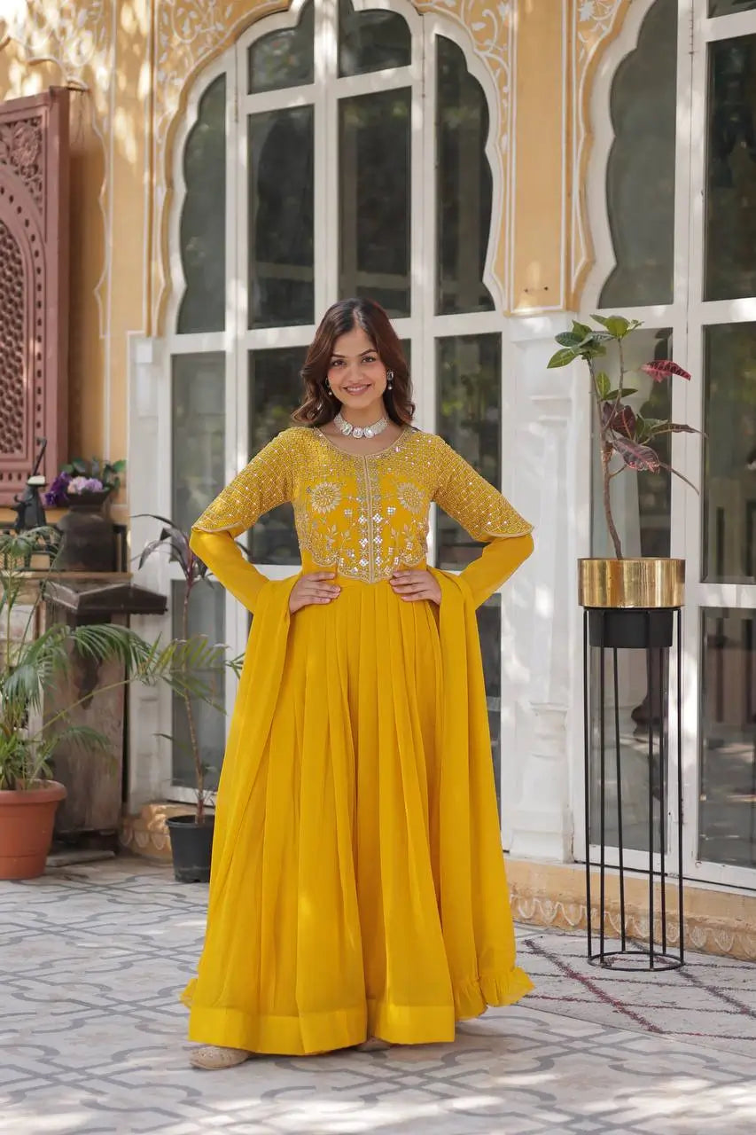 Yellow Ochre Attractive Sequins Embroidery Work Gown And Dupatta