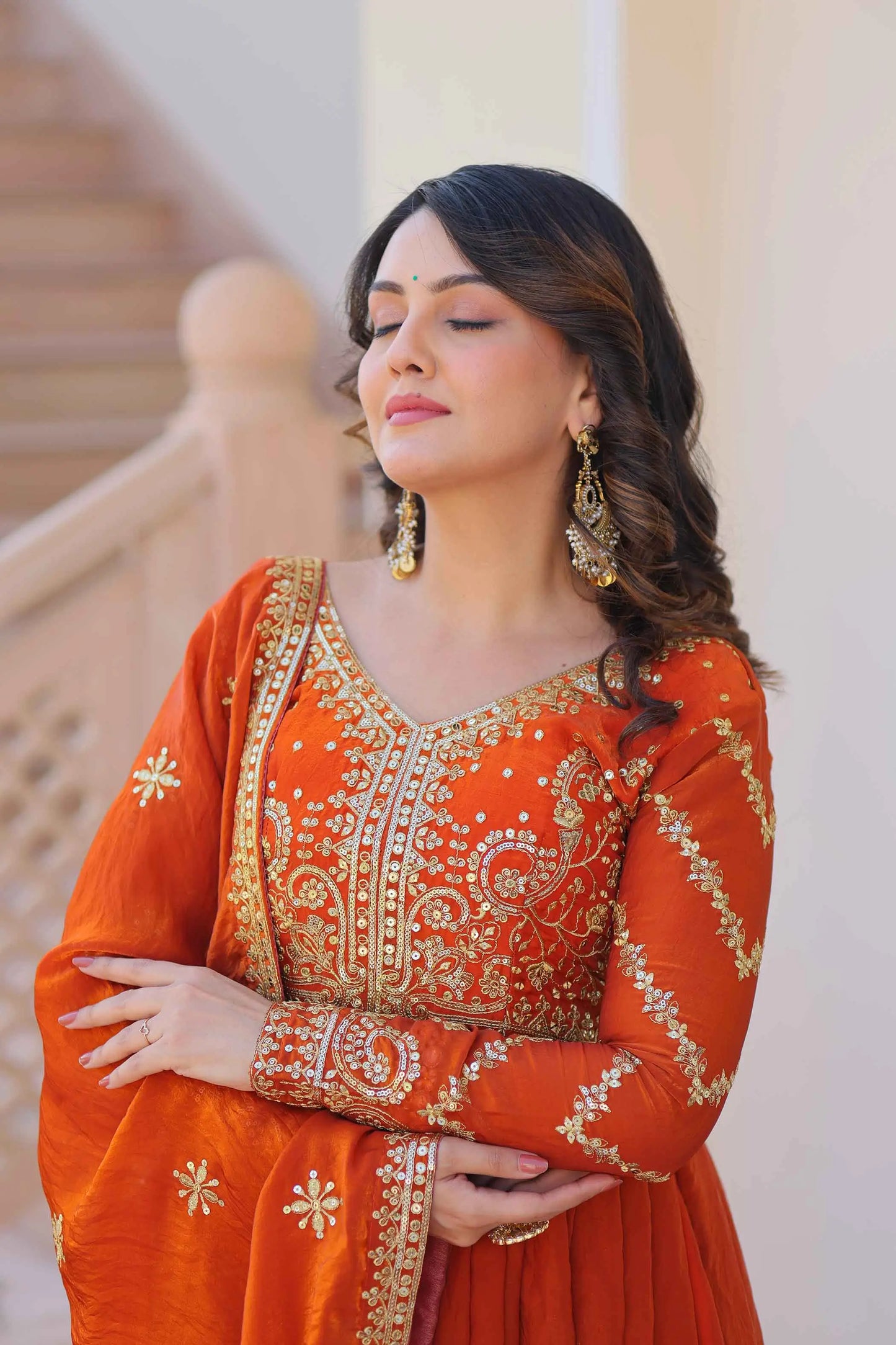 Fanta Orange Zari Sequins Embroidery Work Gown With Dupatta