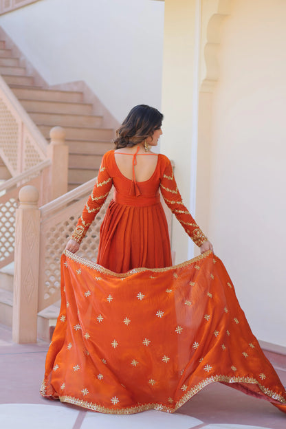 Fanta Orange Zari Sequins Embroidery Work Gown With Dupatta