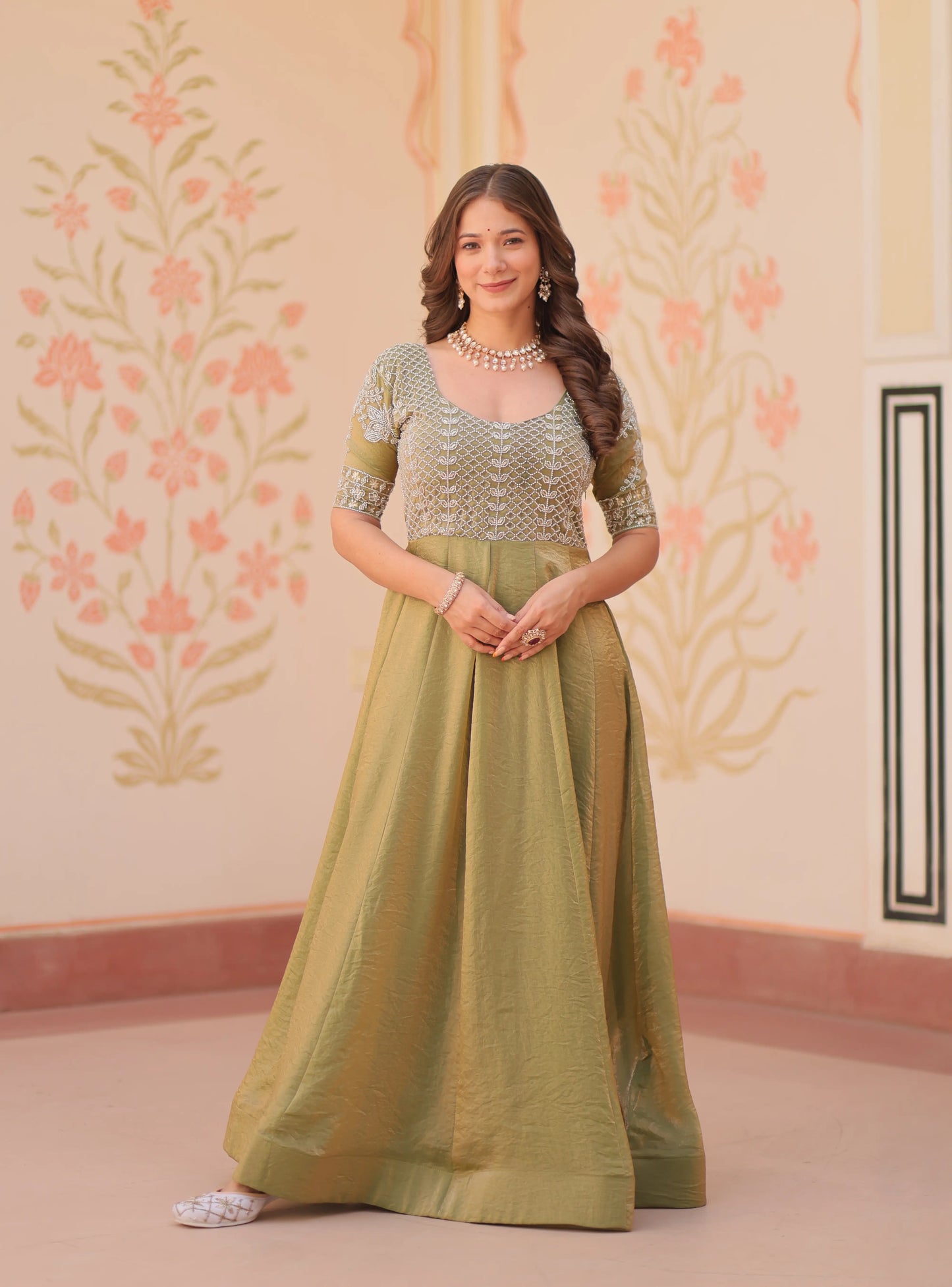 Designer Shiny Light Olive Green Beads Embroidery Work Gown